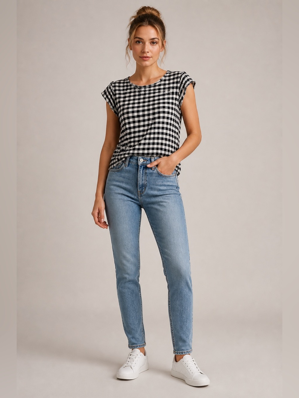 Maurices XXL Black and White Checked Gingham Capped Ruffle Sleeve Tunic